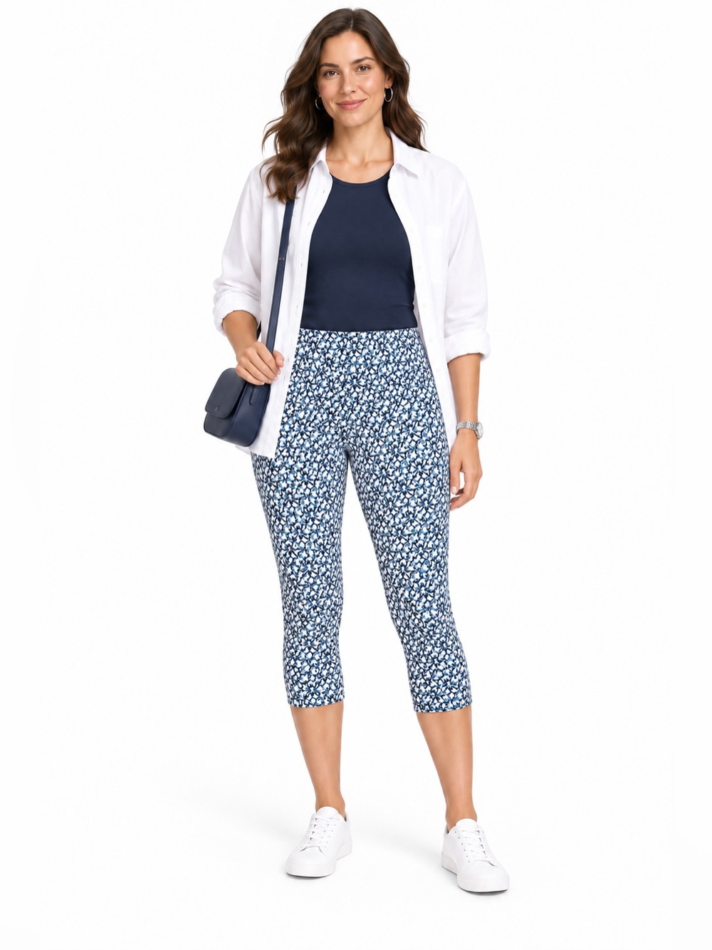 EUC Casablanca SZ M Blue/white/teal capri length leggings/waist 29”-34”